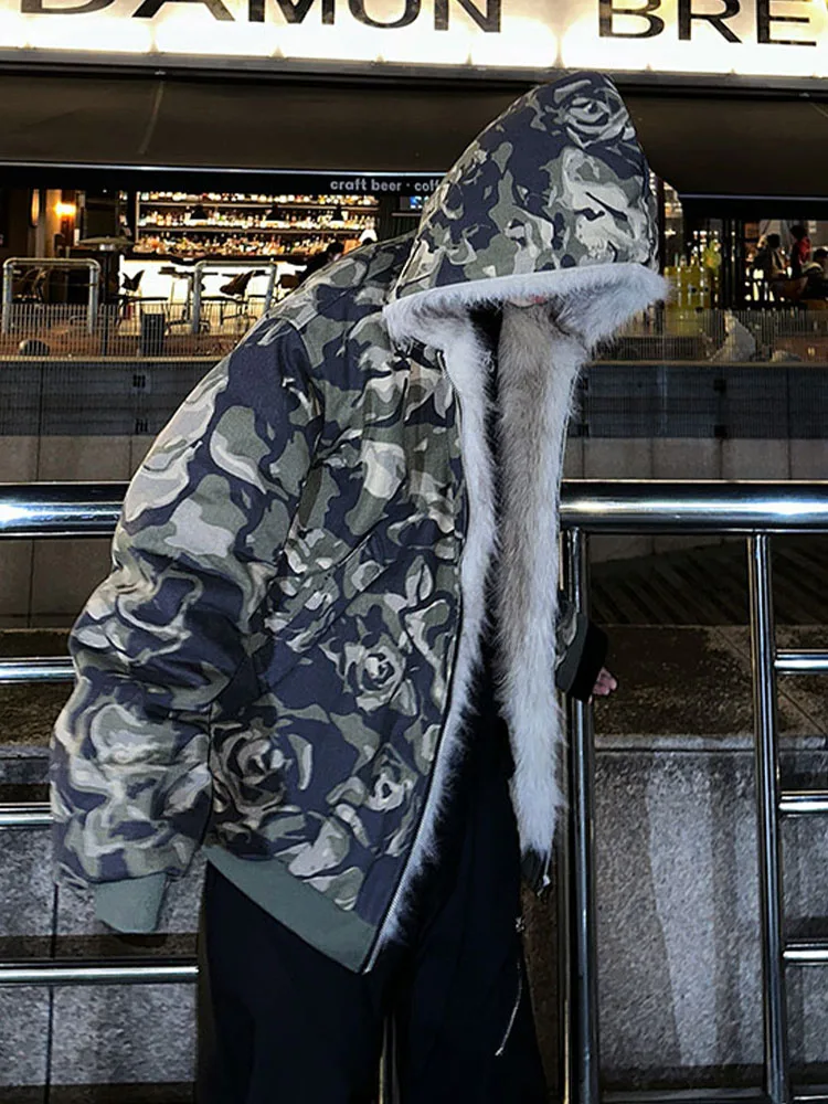 Cleanfit Camouflage Cotton-padded jacket Men's Winter Thickened American vintage Fur Collar Hood Mountain Carving Outerwear C...