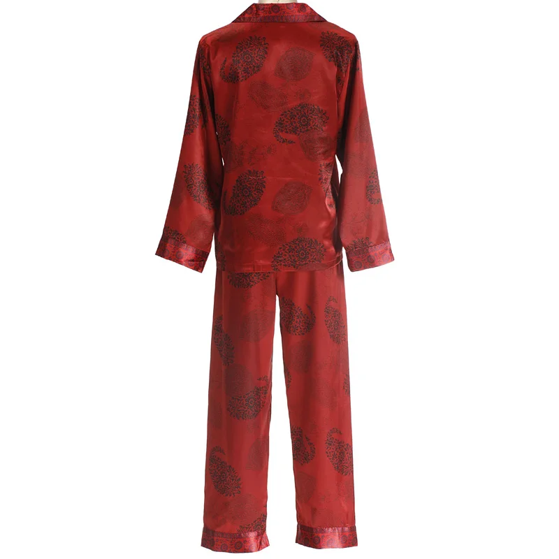 Red Printed Silk Pajamas for Women Long-Sleeve Button-down Satin Pajama Set Couple Pajama Set Silk Sleepwear Drop Shipping