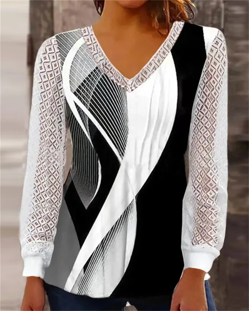 

2023 New Autumn Winter Women T shirts Fashion Long Sleeve Lace Hollow Out V-neck Geometric Print Tops Ladies Tee Shirts Pullover