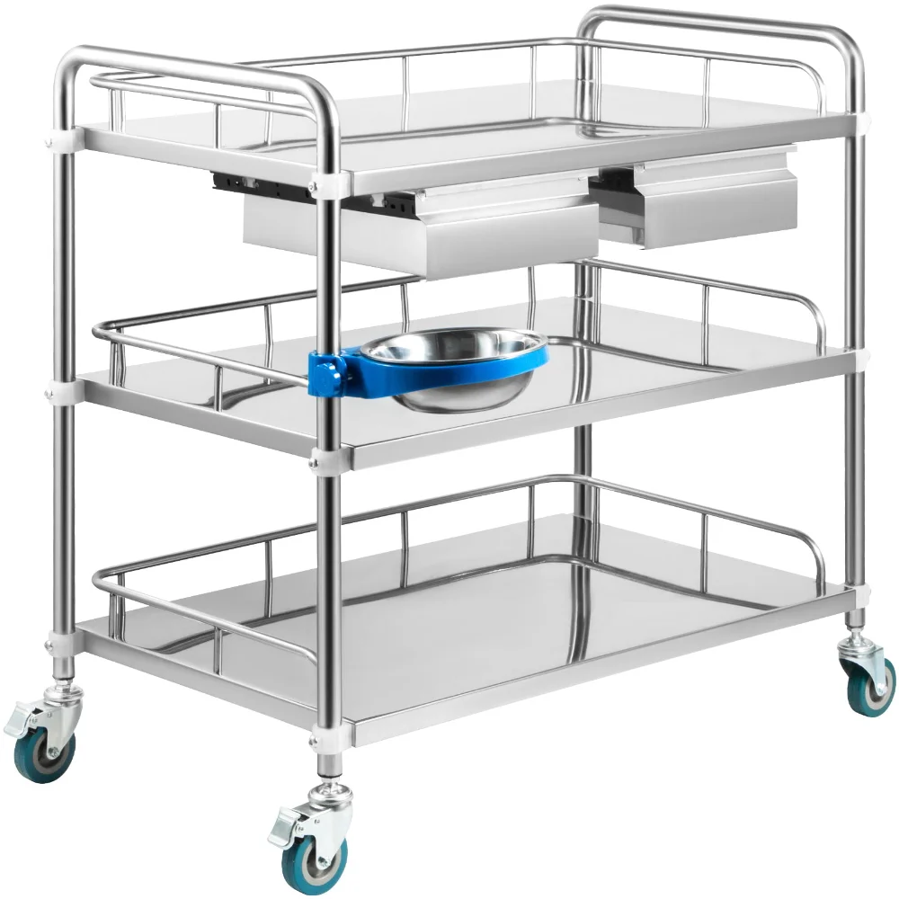 

Lab Cart 3 Layers Dental Cart Double Drawers Stainless Steel Cart 1 Refuse Basin Lab Utility Cart w/Silent