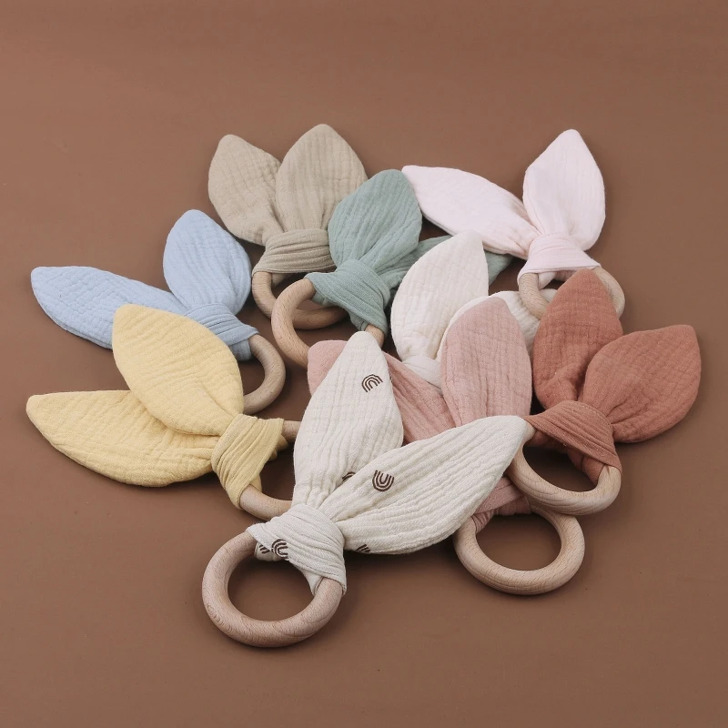 

Wooden Baby Teether Cotton Cloth Rabbit Ear Teething Ring Rodent Rattle Toy