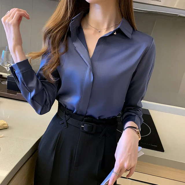 Satin Women's Shirt Long Sleeve Fashion Solid Top Female Shirts and Blouse Basic Ladies Tops 2
