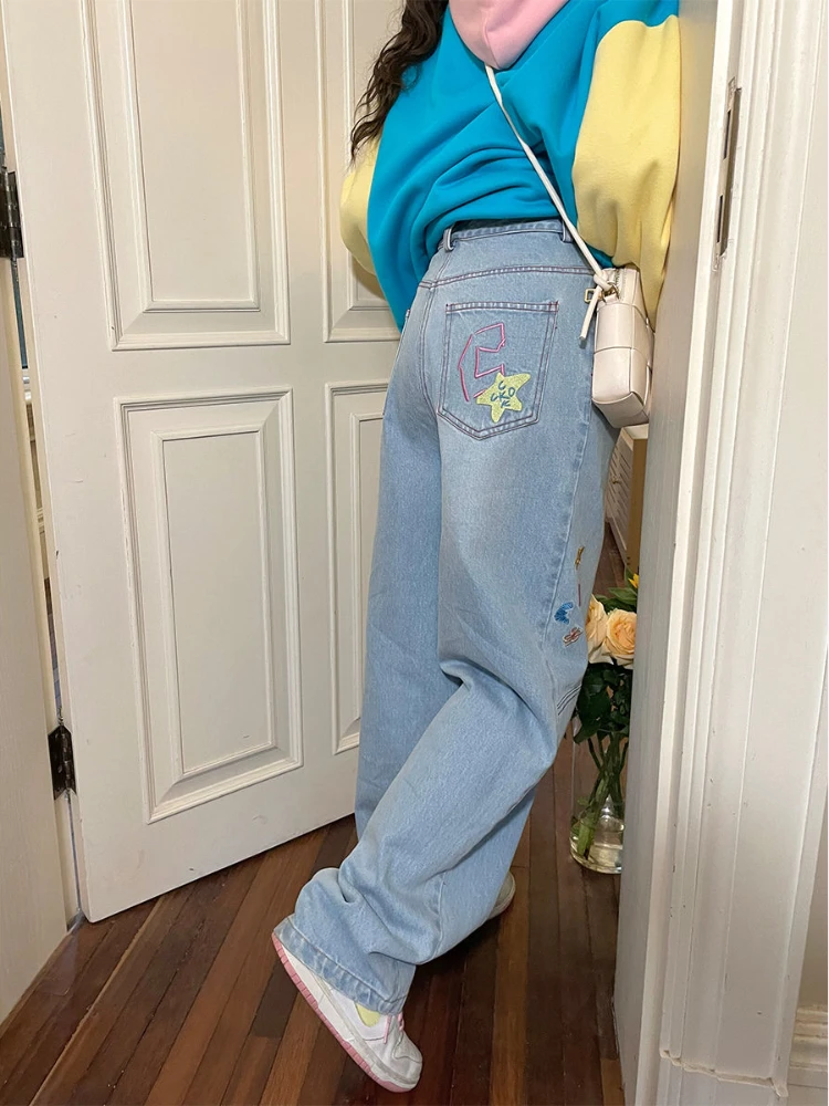 HOUZHOU Kawaii Blue Jeans Women Baggy Casual High Waist Cute Star Embroidery Jeans Wide Leg Denim Trousers Japanese Preppy Style