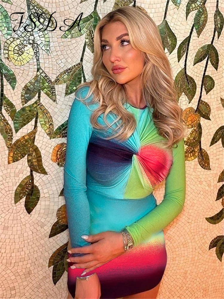 

FSDA Tie Dye Print Twist Long Sleeve Mini Bodycon Dress Women Autumn Winter Sexy Skinny Short Dresses Party Club Outfits