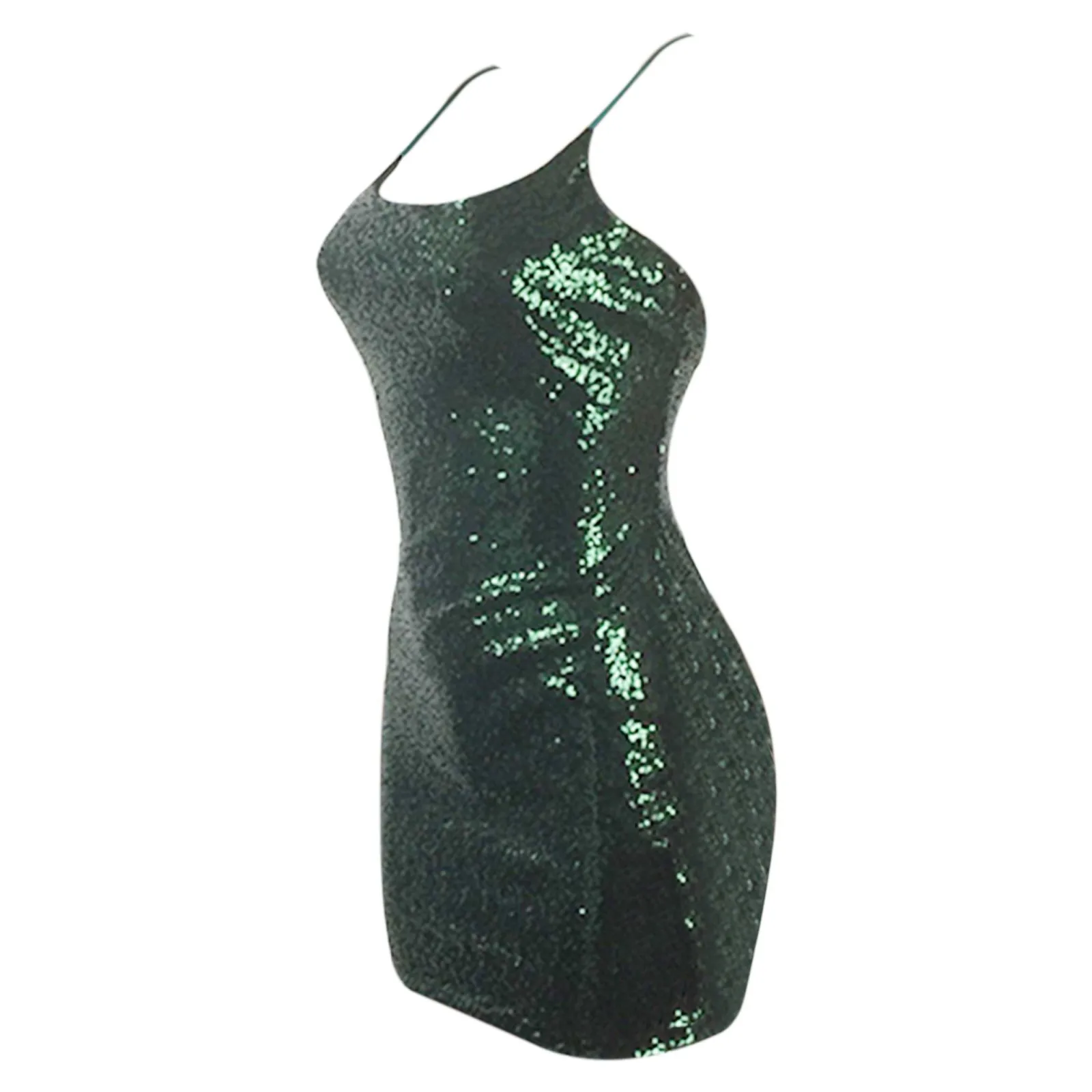 Женское коктейльное платье чистого цвета на тонких бретельках с блестками и