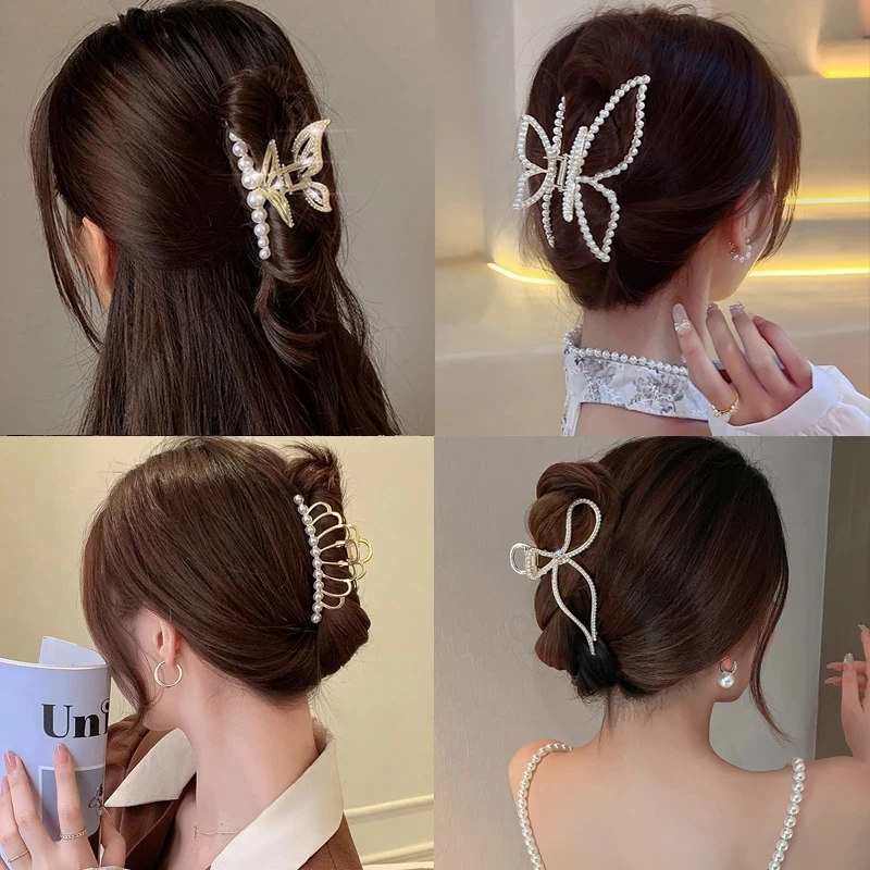 

Женская заколка-краб для волос, металлическая заколка-краб с жемчужинами и кристаллами, в форме бабочки, короны, акулы, аксессуары для волос для девочек