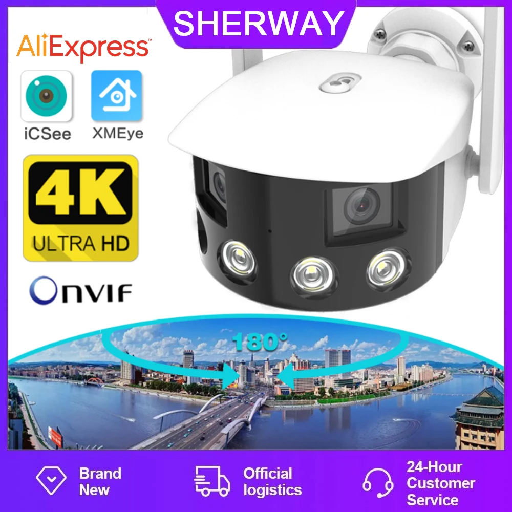 

SHERWAY Outdoor 4K 8MP 4MP 180° Ultra Wide View Angle Panoramic WIFI Dual Lens Fixed IP Camera AI Human Detection Security Cam