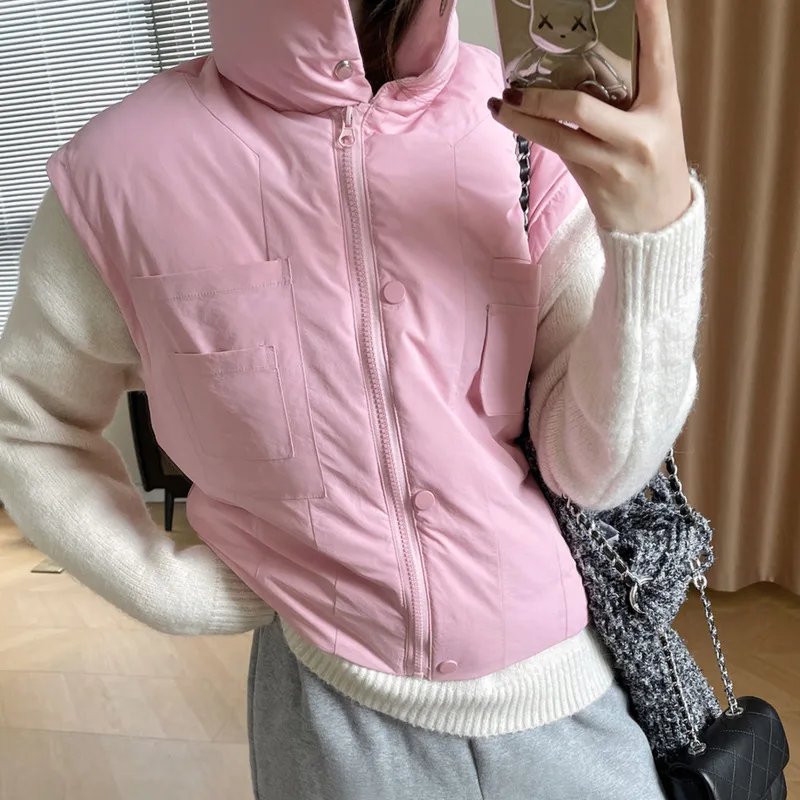 

Women's Stand Neck Zipper Up Padded Vest Pink Black Sleeveless Warm White Duck Down Jacket 2022 Winter Short Coat