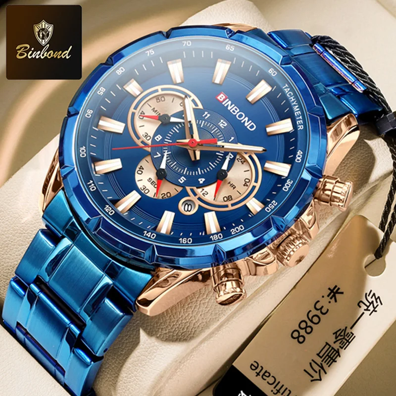 BINBOND Лучший бренд B6395 Кварцевые мужские водонепроницаемые светящиеся часы