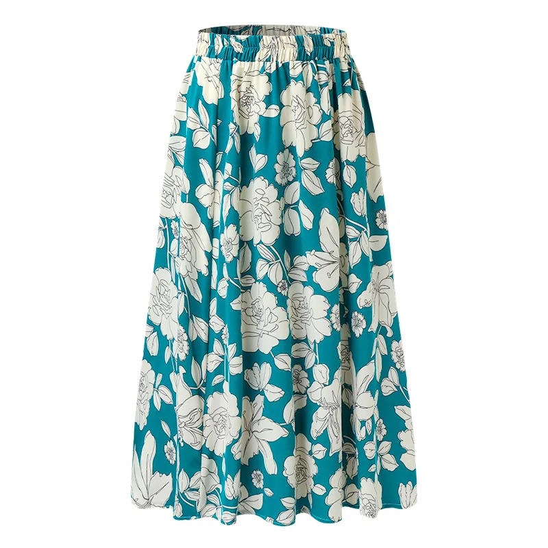 

Women's Skirt European Fashion Saia Midi Jupe Femme High Waist Falda Mujer Summer Print Floral Skirt Blue Green S M L XL