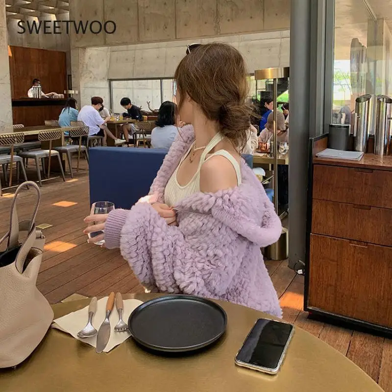 Women Short Jacket with Hood Knitted Generic Rabbit Fur Coat Autumn Winter Spring Sweater Femme Full Sleeve Outwear Slim Tide