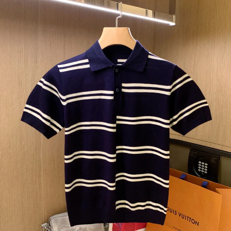 

2022 Summer Men's Fashion Striped Short Sleeve Tops Male Slim Casual Polo Shirts Men Buttoned Turn-down Collar Polo Shirts O973