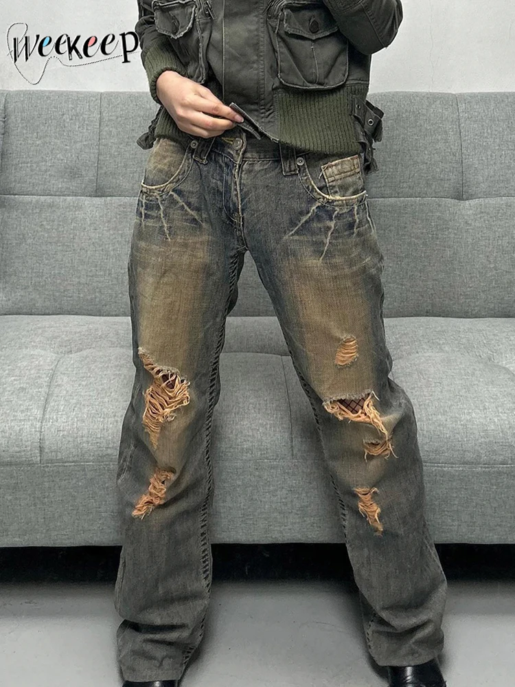 

Weekeep 2000s гранж джинсы винтажные рваные мешковатые джинсовые прямые брюки уличная одежда y2k выдалбливают мама джинсы Harajuku женские брюки