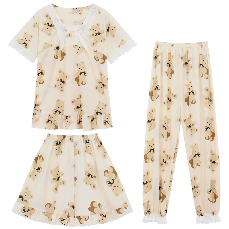 Aging cute bear Pajama suit women's summer 2022 new lazy style can be worn outside home clothes three piece suit fashion