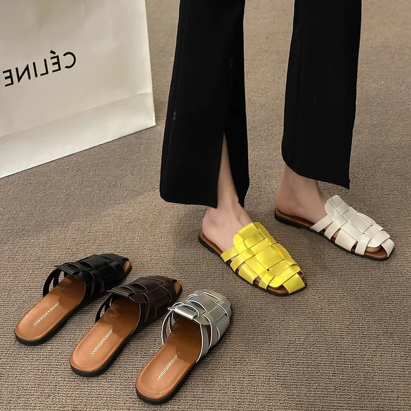 Roman Knitted Leather Sandals Woman Cross Band Weave Slippers Flat Heels Slides Comfy Beach Flipflops Ladies Cut-Out Shoes Mules