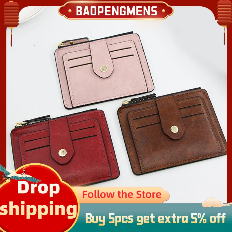 

Women Leather Slim Card Holder Wallet Mini Wallets Zipper Card Holder Solid Color Business Coin Purse Vintage Short Wallet
