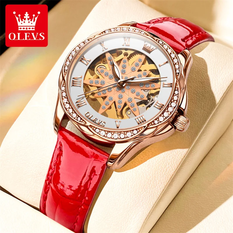 OLEVS Women Fashion Watch Automatic Mechanical Wrist Watch for Women Ladies Elegant Leather Strap Watch Clock Relogio Feminino enlarge