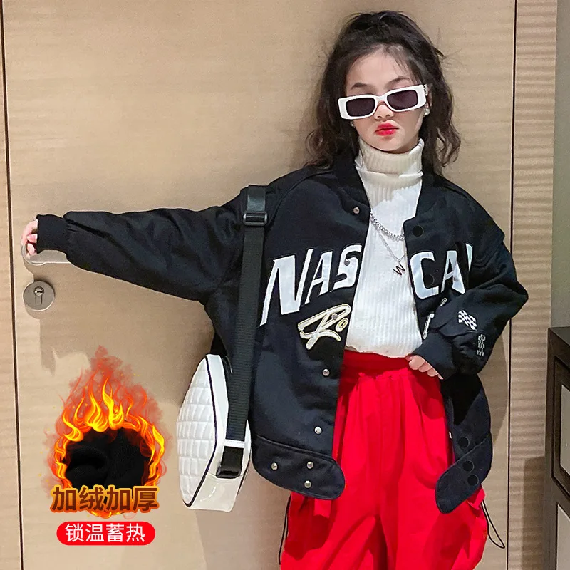 

Модная Повседневная Верхняя одежда для девочек, зимняя плотная теплая куртка, модная бейсбольная форма с буквенным принтом, одежда для подростков, плюшевое пальто, женская