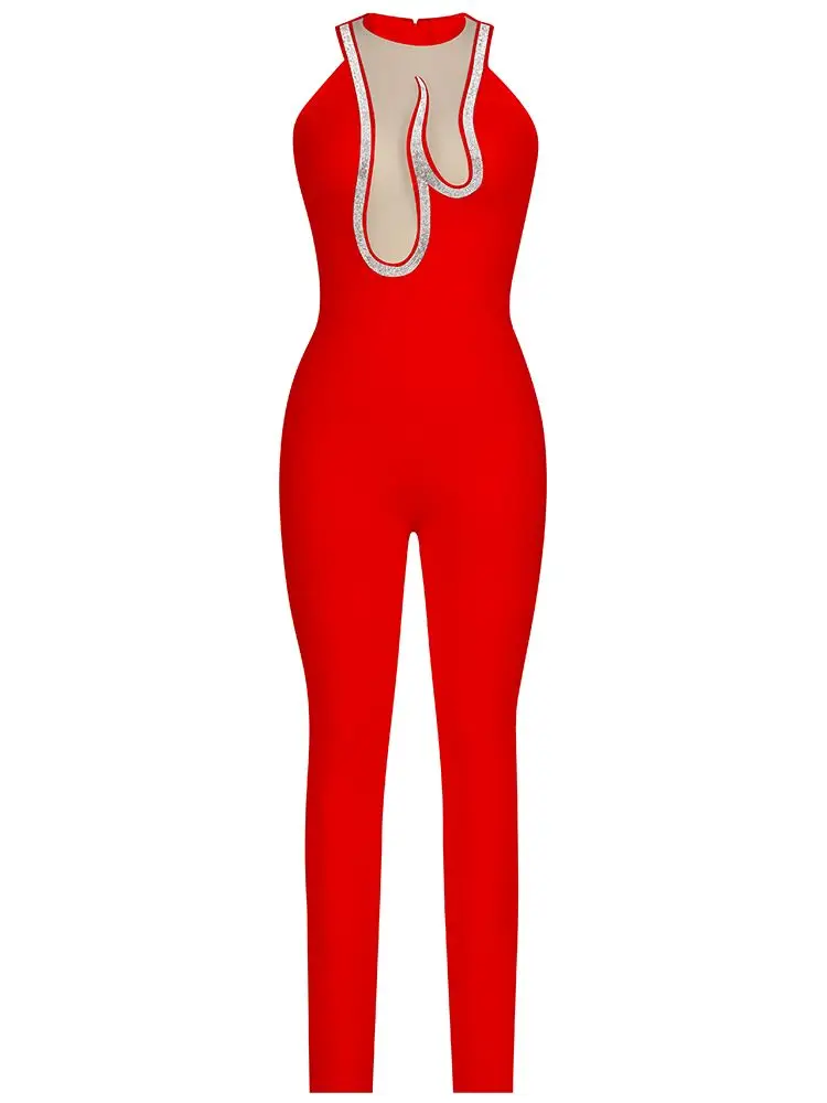 Женский Облегающий комбинезон без рукавов элегантные длинные брюки со стразами