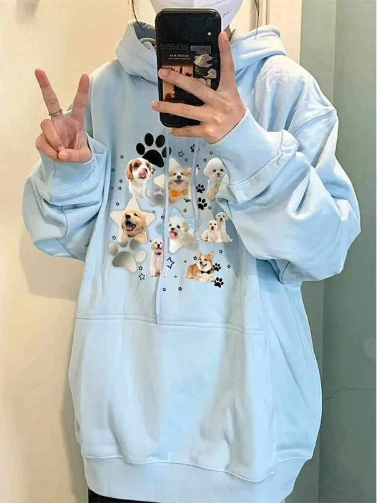 

Hikigawa 2023 Cartoon Dog Print Hooded Women Coats Loose Casual Harajuku Long Sleeve Hoodies Tops Preppy All Match Sweatshirts