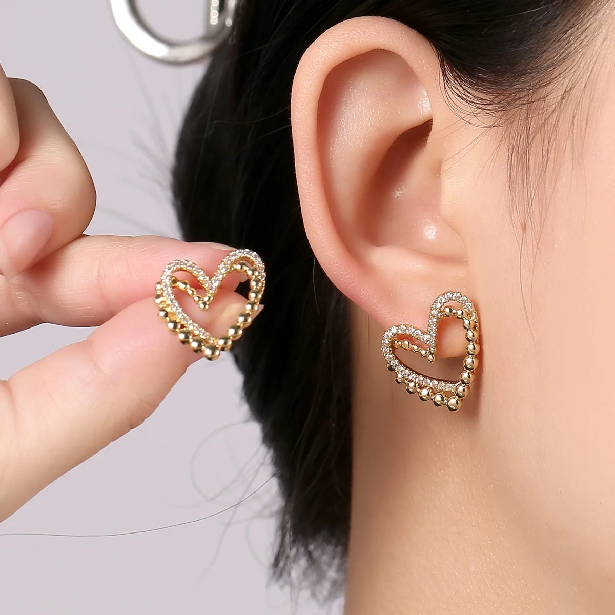 

New Fashion Double CZ Beads Heart Shape Earrings For Women Girls Rhinestone Gold Color Luxury Earring Party Jewelry