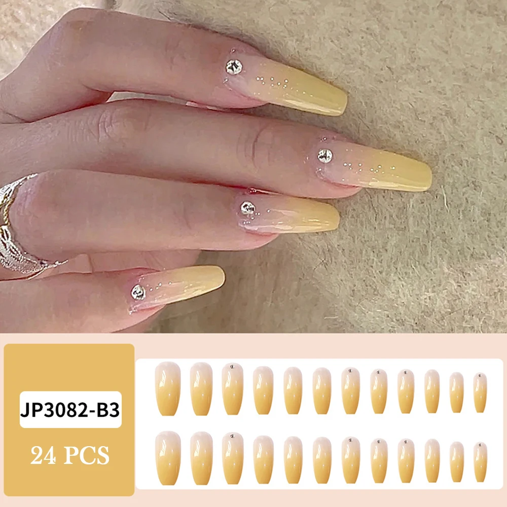 

New 2021 24PCS Sweet Fake Nails Long Flat Head Full Cover Gradient Yellow Artifical Nail Suitable Fairy Girls Decor False Nails