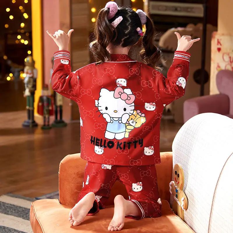 

Модные пижамы Hello Kitty для девочек на весну и осень, хлопковые красные принцессы для маленьких девочек, домашний сервис