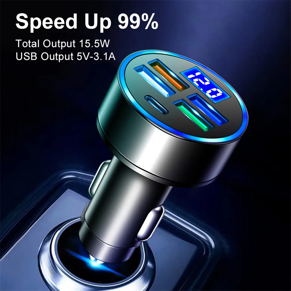 Купи 4 USB Car Charger 3.1A Fast Charging Type C Charging Adapter 12V/24V with digital Voltmeter Universal за 151 рублей в магазине AliExpress