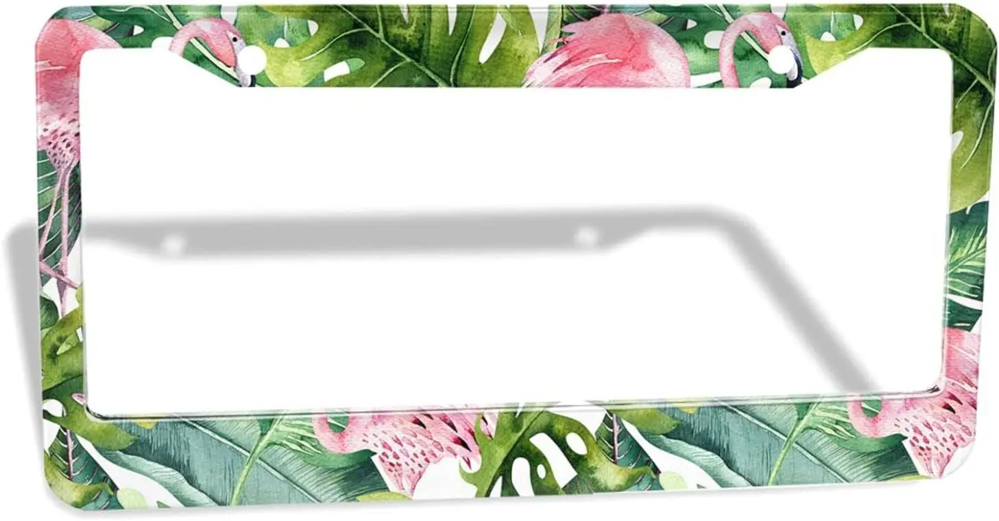 

Flamingo License Plate Frame Rose Bird and Palm Tree Tropical Green Flower Metal License Plate Cover Front Plates Frames 12x6in