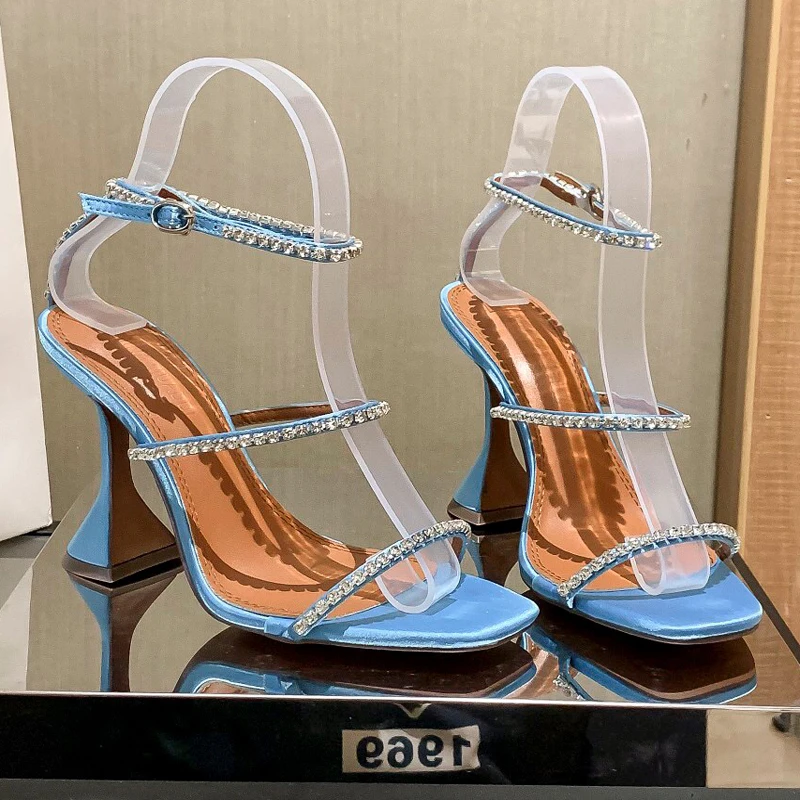 women's sandals kitten heels sandals chain tape crystal wedding sandals 2023 back strap high heels square toes peep-toe sandals