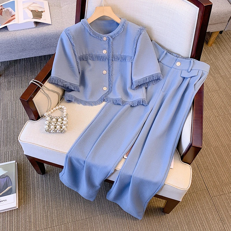 

Костюм большого размера, Новинка лета 2023, куртка с круглым вырезом и кисточками на заказ, модные повседневные брюки, пригородные комплекты из двух предметов