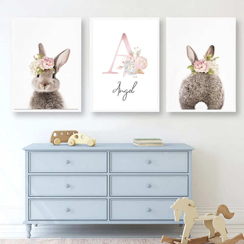 

Nursery Wall Art Print Custom Name Canvas Painting Girl Posters Rabbit Poster Nordic Wall Pictures for Baby Girl Room Decor