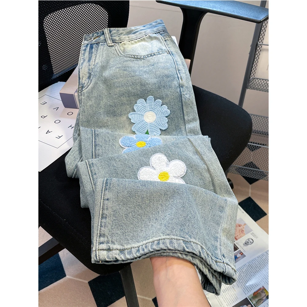 Женские широкие джинсы с цветочной аппликацией Vinatge прямые свободные джинсовые