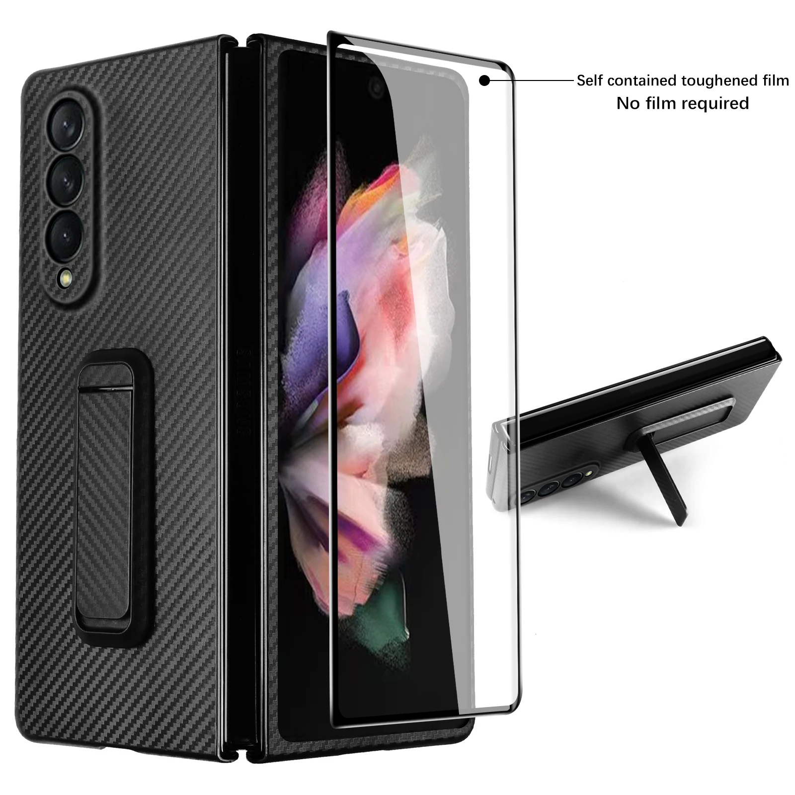 

Luxury Carbon Fiber Case with Front Glass Screen Protector For Samsung Galaxy Z Fold 3 5G Anti-Scratch Shockproof Cover Holder