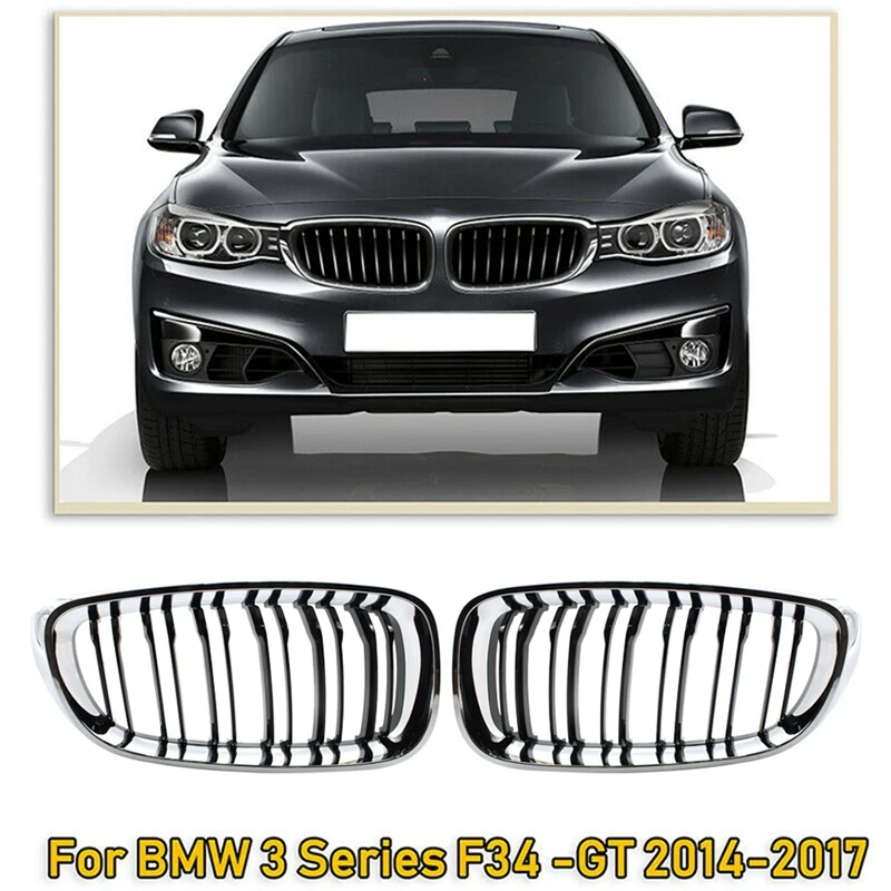 

Front Kidney Grill Double Slats Chrome Silver Black Grille for-Bmw 3 Series Gt F34 2014-2017 320I 328I 335I Xdrive