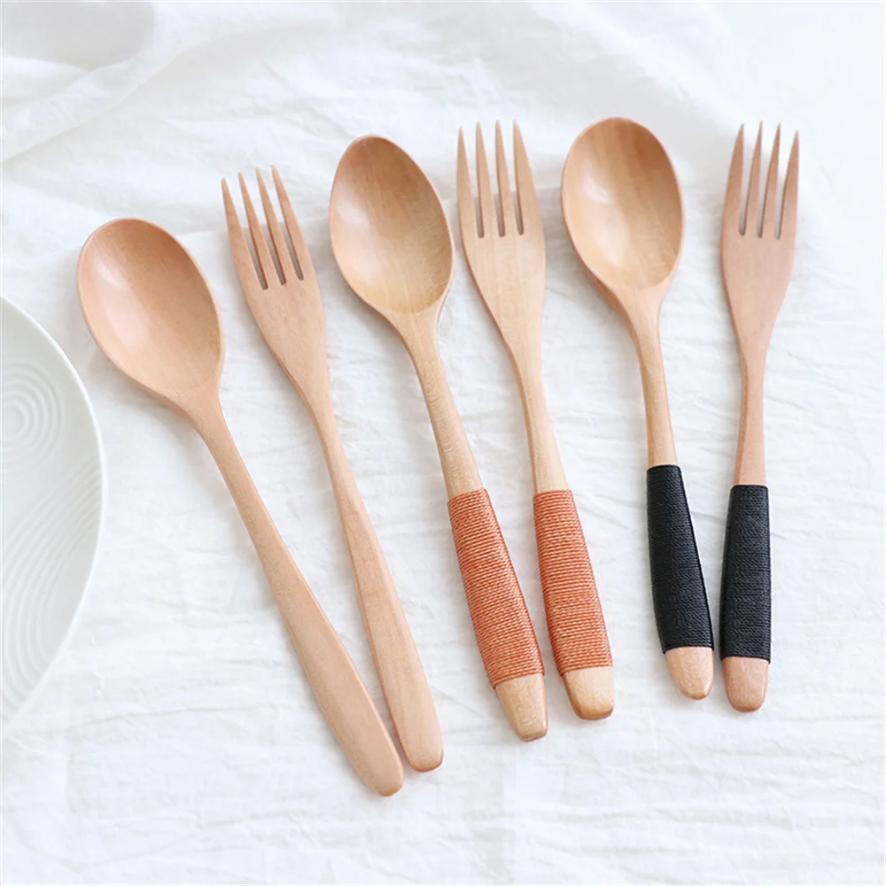 

2Pcs Wooden Spoon Fork Dinner Kit Rice Soups Utensils Cereal Handmade Home Tableware Dinnerware Cutlery for Kicthen Supplies