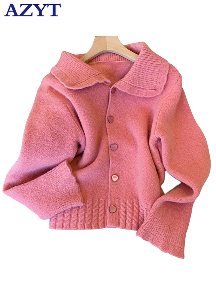 

AZYT Women Turn Down Collar Knit Cardigan Pink Soft Knitwear Women's Sweater Coat 2022 Autumn Loose Sweater Cardigan Tops Female