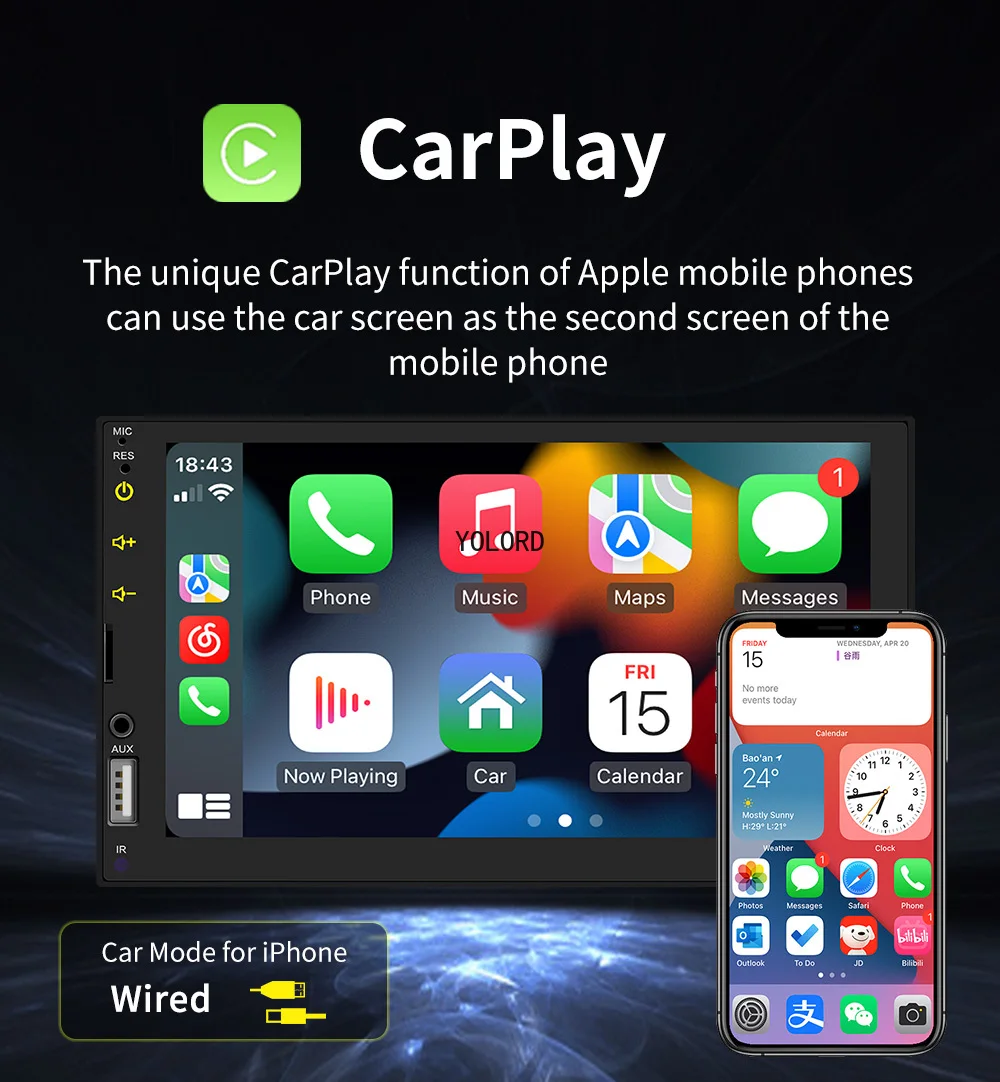 2 Din Car Audio 7-дюймовый QLED-дисплей Android MP5 Беспроводной Auto CarPlay Сенсорный экран