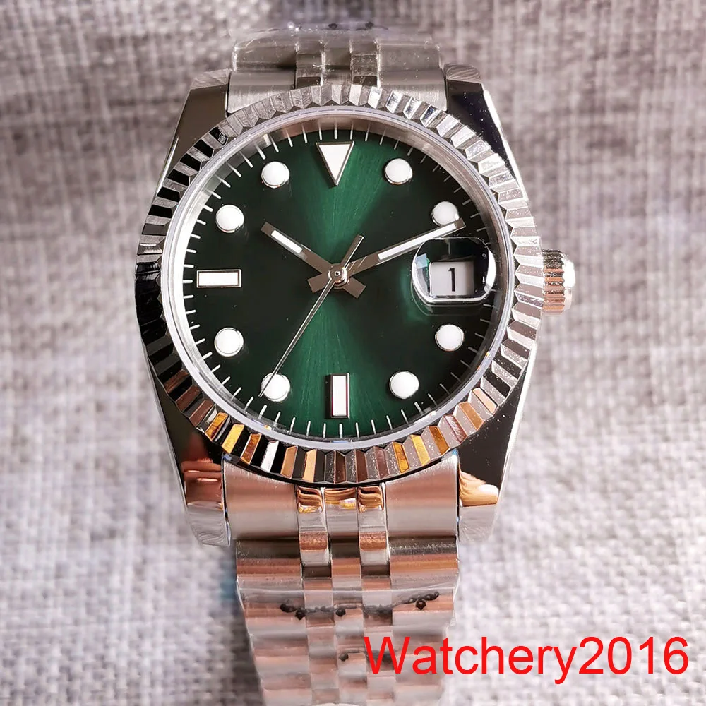 

39mm Bliger NH35 PT5000 Sunbusrt Green Sterile Dial Mens Watch Sapphire Glass Fluted Bezel Automatic Wristwatch Strap