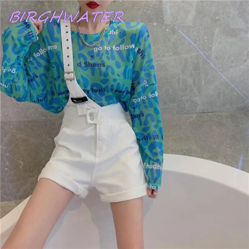 Women Wide-leg Pants 2022 Street Girl Fashion Denim Overalls One Shoulder Strap Jumpsuits Blue White Jeans Casual Loose Shorts