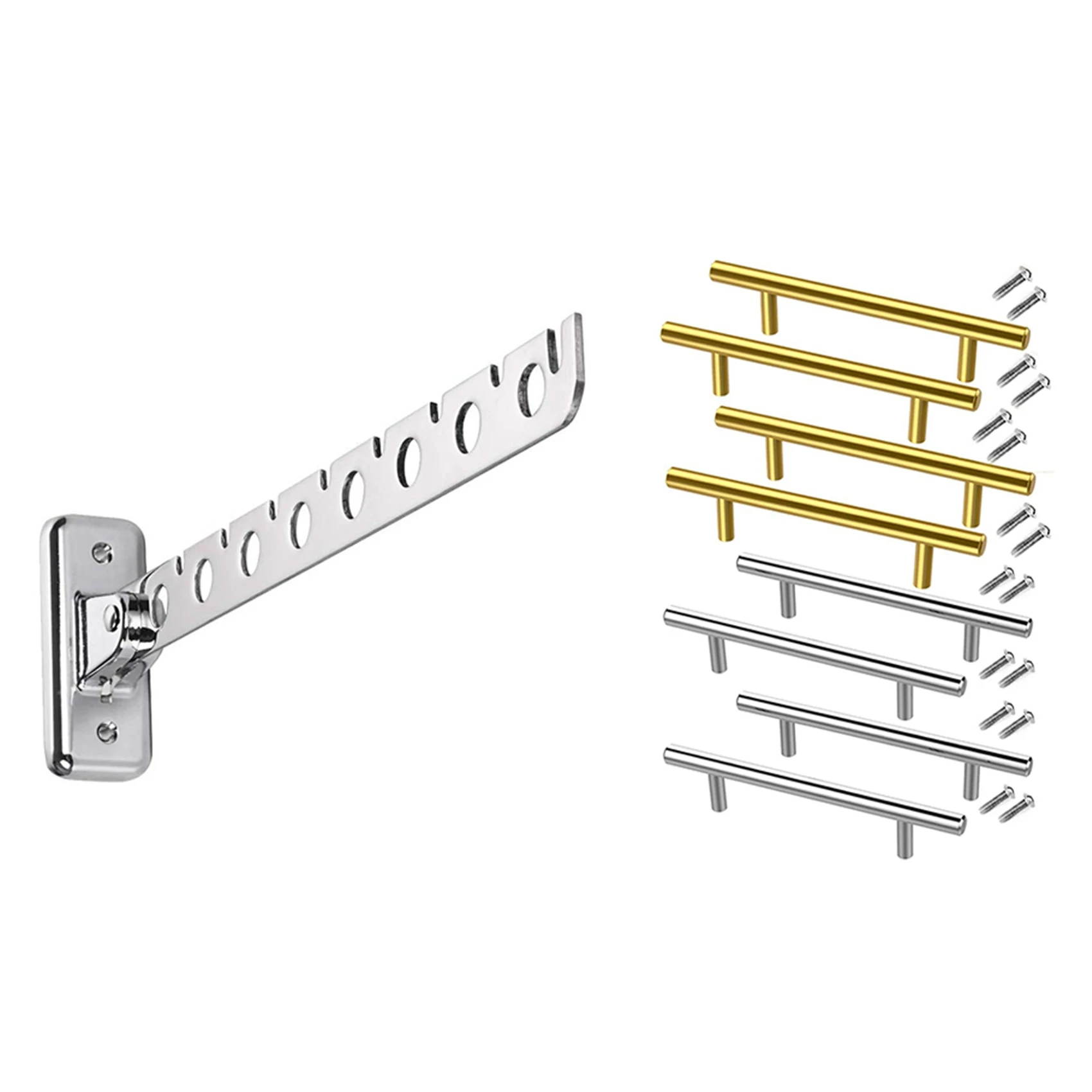 

Folding Wall Mounted Clothes Hanger Clothes Hook (8 Holes) with 8 PCS Gold Silver Handles Hardware Drawer Pulls