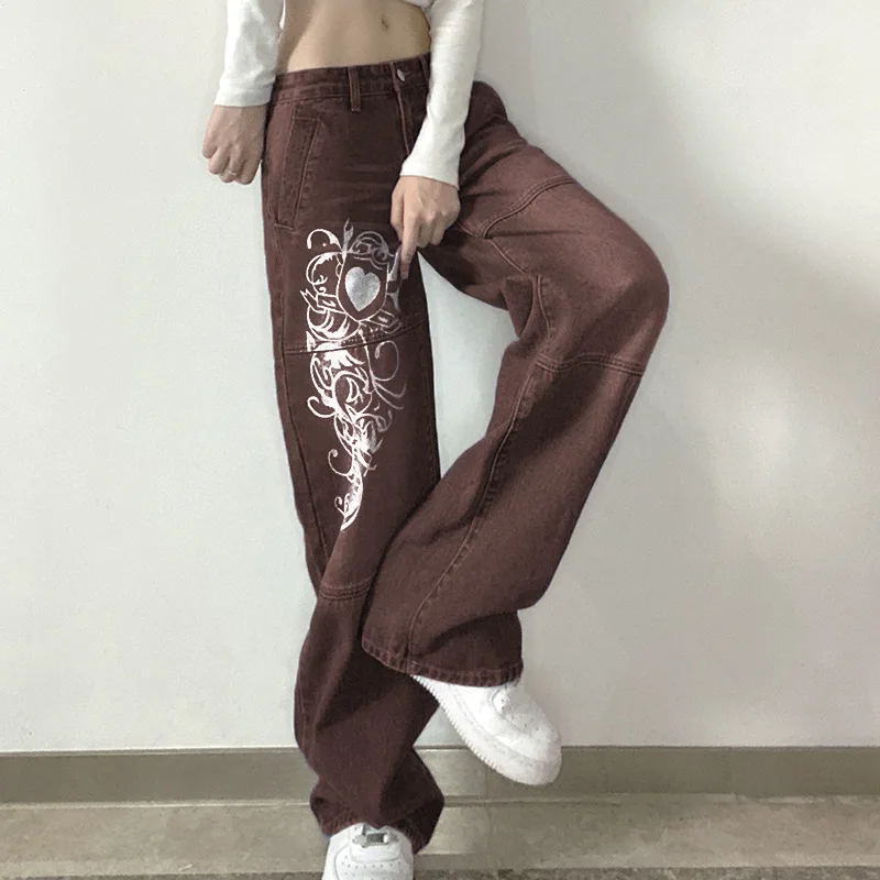 Streetwear Jeans Woman Baggy Jeans Printed Loose Zipper Fly Vintage Clothes Korean Fashion High Waist Straight Leg Jeans Women