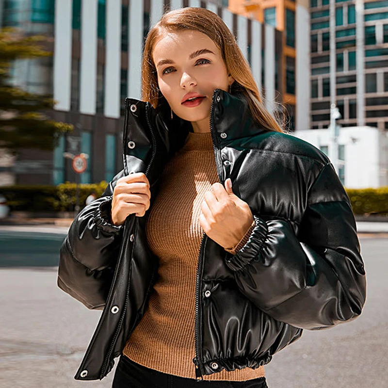 Lady Down Jacket Elegant Zipper Winter Warm Thick PU Leather Women Short Parkas Y2k Fashion Streetwear Cotton Padded Coats 2022