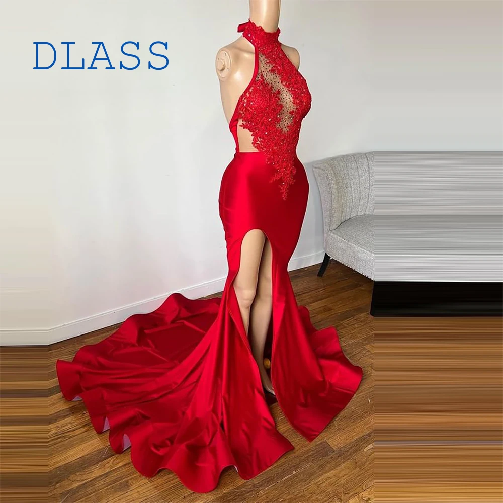 

Burgundy Halter Neck Mermaid Evening Dress For Women Sleeveless Front Slit Sweep Train Backless Prom Gowns with Appliques Beads
