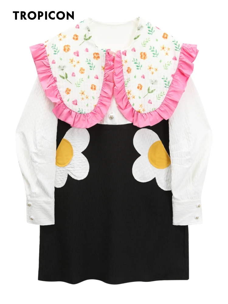 

TROPICON Fall 2022 Kawaii Cute Floral Sailor Collar Long Sleeve Dress Women Desinger Patchwork Mini Dress Korean Fashion Clothes