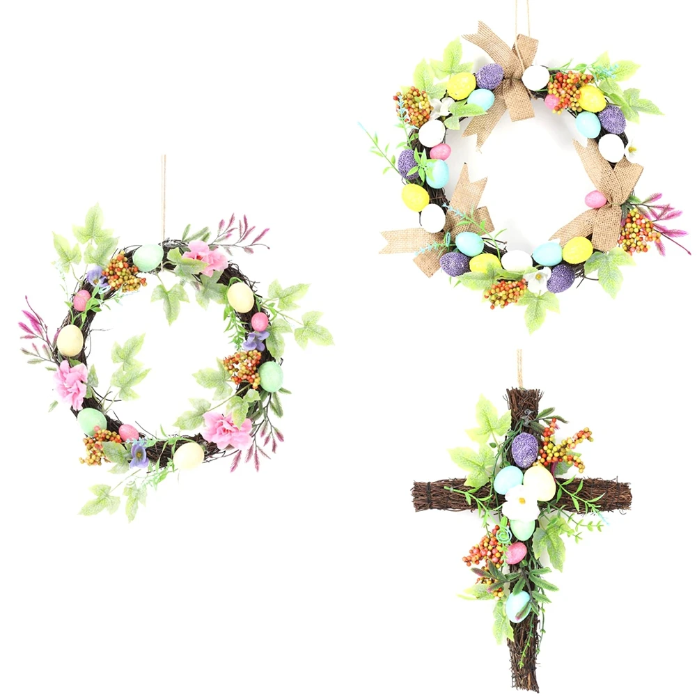 Colorful Easter Home Decoration Wreath Natural Rattan Wreath Easter Party Wreath Crafts Egg Decoration Spring Wedding Wreath