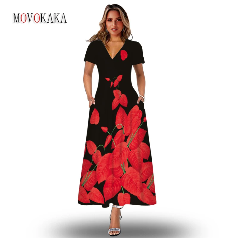 

MOVOKAKA Woman Spring Summer Black Elegant Long Dress Party Casual Beach Slim Short Sleeve Vestidos Leaf Printed Vintage Dresses