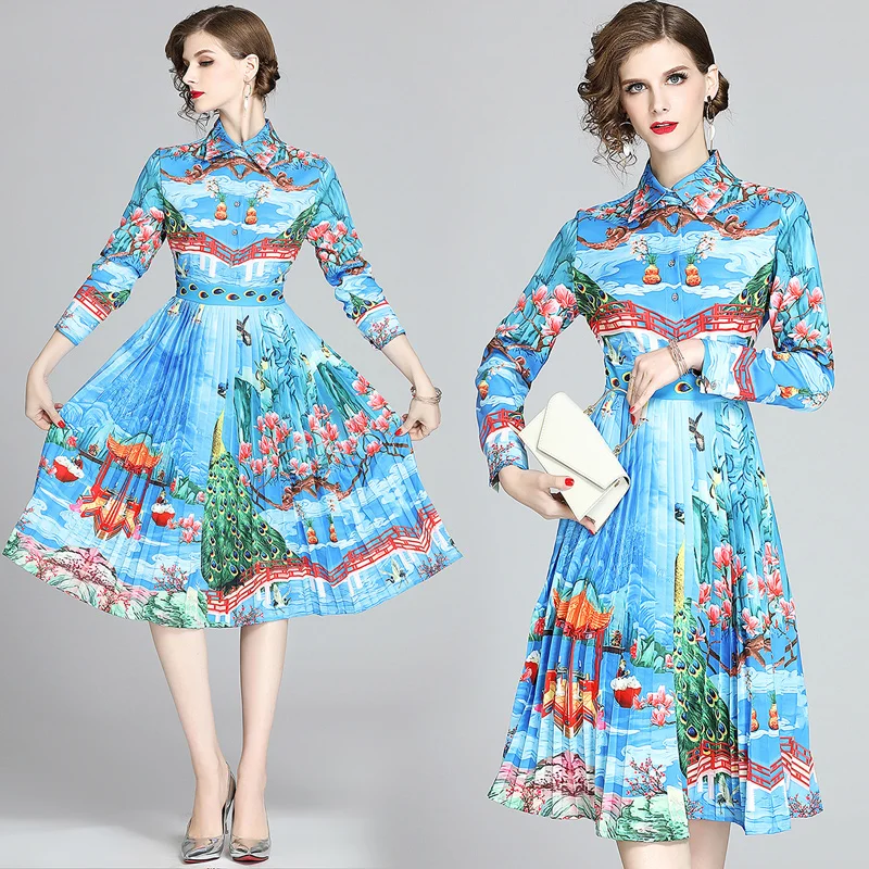 

Женское Повседневное платье-рубашка средней длины, элегантное модное платье с цветочным принтом, воротником с отложным воротником и длинны...