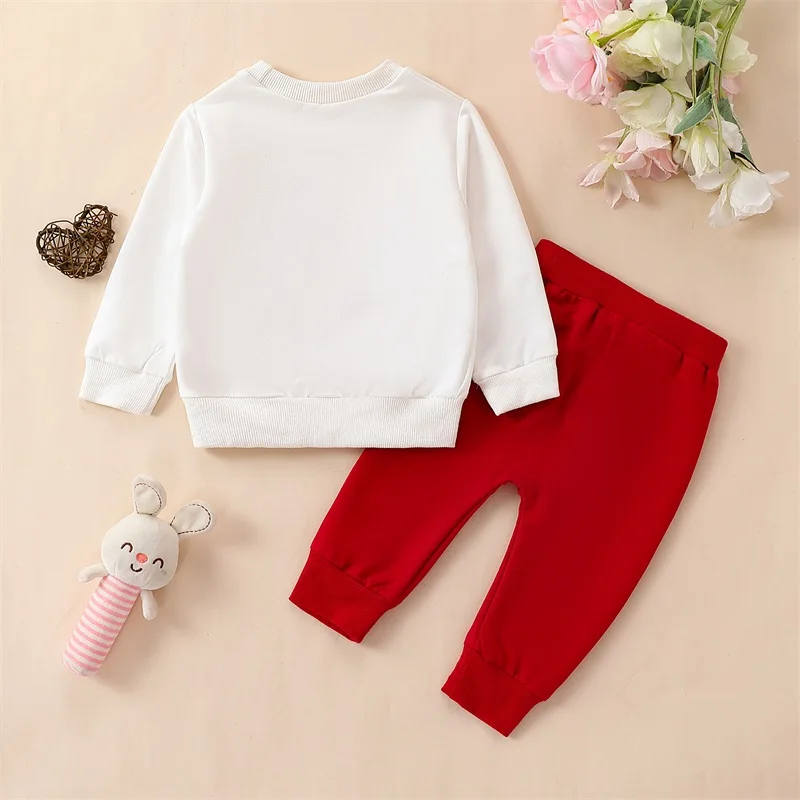 

Infant Baby Boy Girl Fall Winter Clothes Funny Letters Sweatshirt Pullover Tops Heart Patch Red Pants Set Valentines Outfit