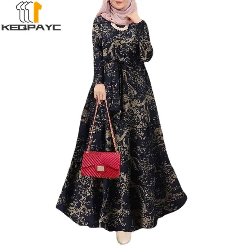 New Muslim Women Dubai Abaya Cotton Linen Long Dress Kaftan Islam Arab Vintage Print Loose Dresses Robe Middle East Eid Clothing